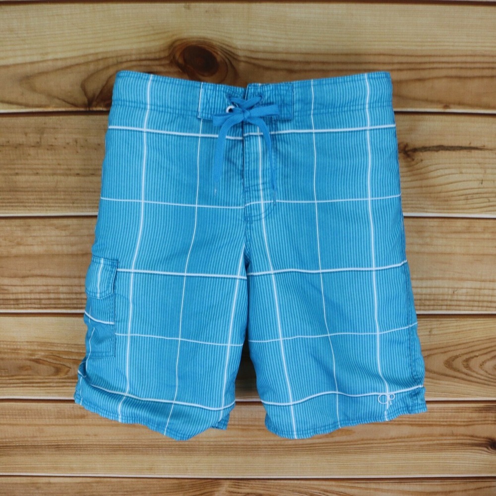 Op Swim Trunks w/ Liner Mens S (28-30) Blue Checks & Stripes‎ Pocket Drawstring